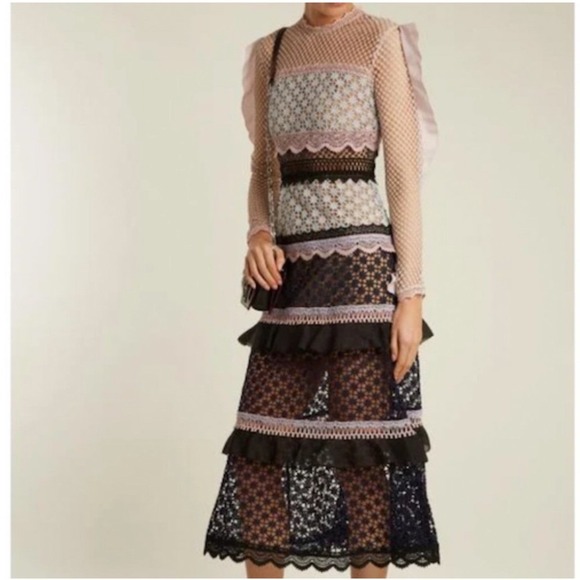 Self Portrait Lace Trimmed Maxi Dress Pink/Blue Floral Sheer Sleeve Size 6 Nwt - Picture 2 of 9